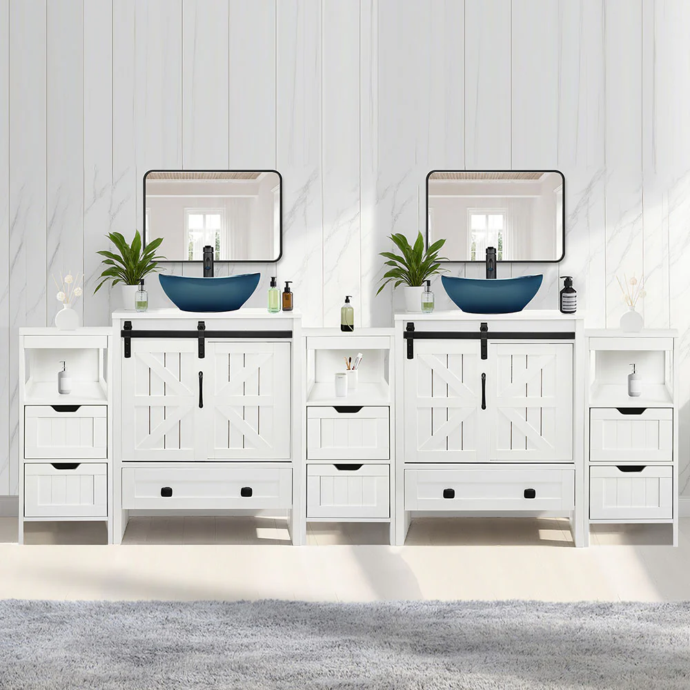 Sigsyl 84 inch Double Vessel Sink Vanity | with 3 Side Storage Cabinets & Faucet Kits - Image 11