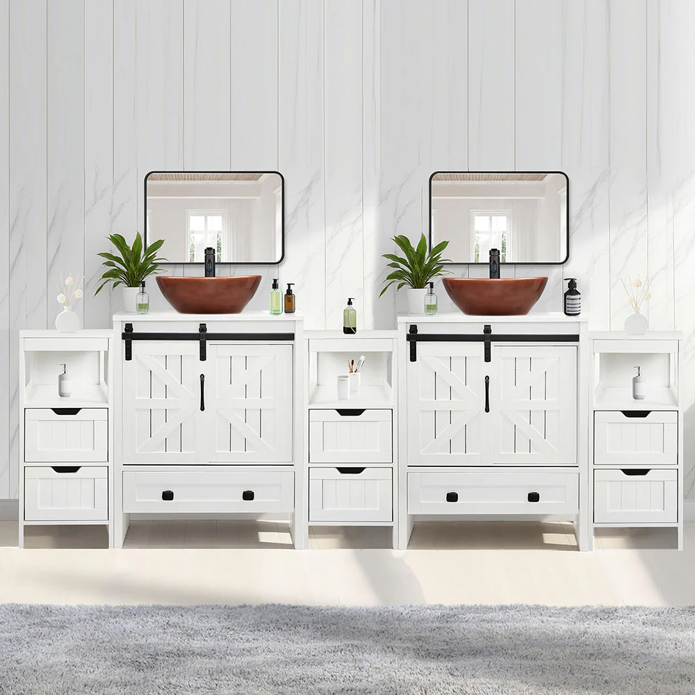 Sigsyl 84 inch Double Vessel Sink Vanity | with 3 Side Storage Cabinets & Faucet Kits - Image 13