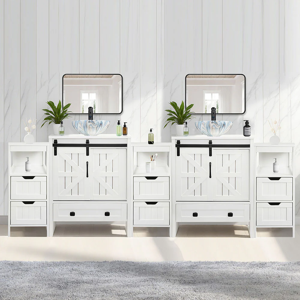 Sigsyl 84 inch Double Vessel Sink Vanity | with 3 Side Storage Cabinets & Faucet Kits - Image 5