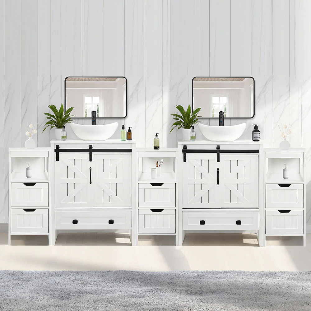 Sigsyl 84 inch Double Vessel Sink Vanity | with 3 Side Storage Cabinets & Faucet Kits - Image 7
