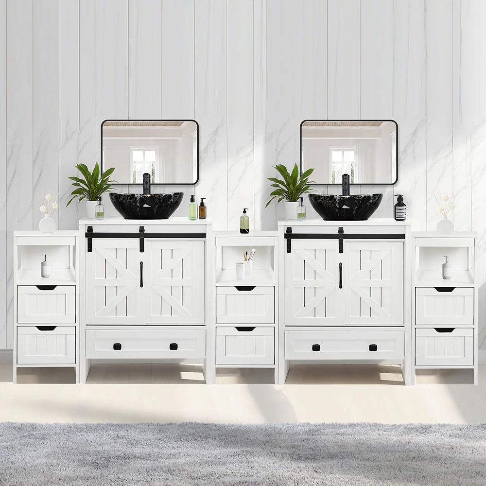 Sigsyl 84 inch Double Vessel Sink Vanity | with 3 Side Storage Cabinets & Faucet Kits - Image 9