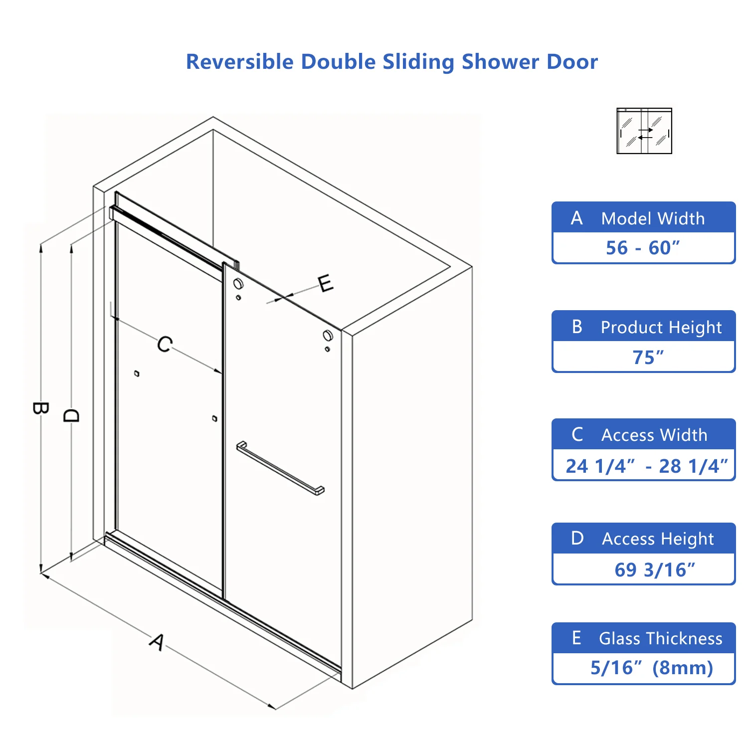 CALYZ Frameless Shower Door | Bypass Sliding 56-60"W x 75"H - Image 7