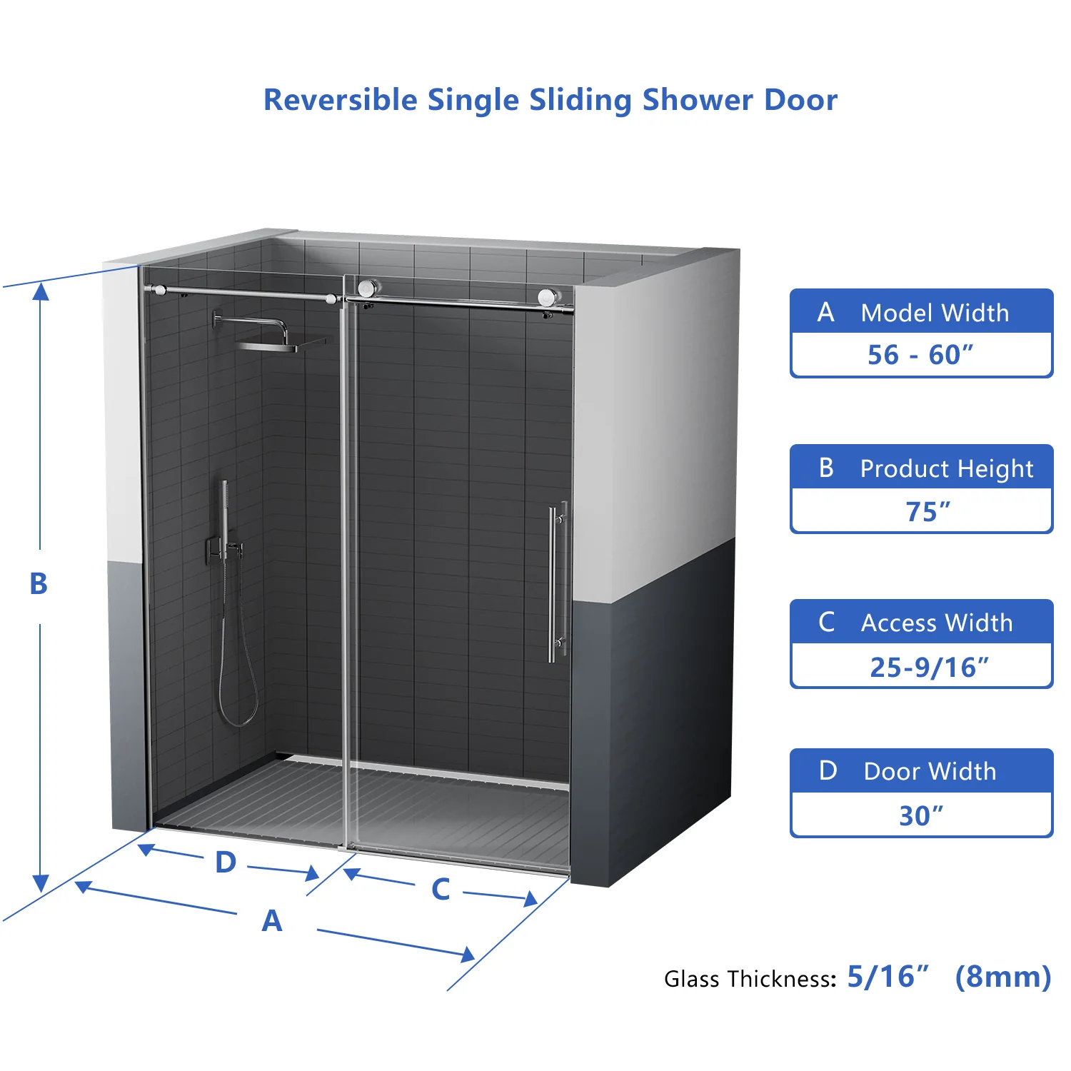 CALYZ Frameless Shower Door | Single Sliding 56-60"W x 75"H - Image 7