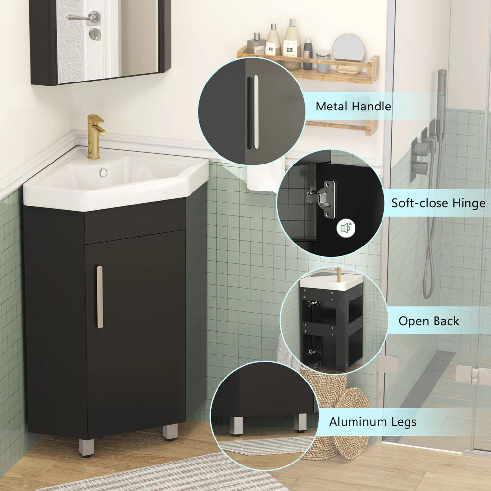Sigsoul 17 Inch Black Corner Bathroom Vanity with Sink - Image 4