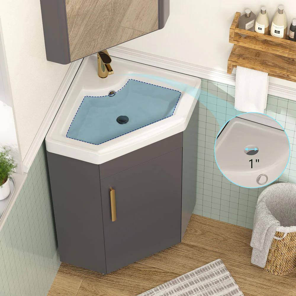 Sigsoul 17 Inch Gray Corner Bathroom Vanity with Sink - Image 3