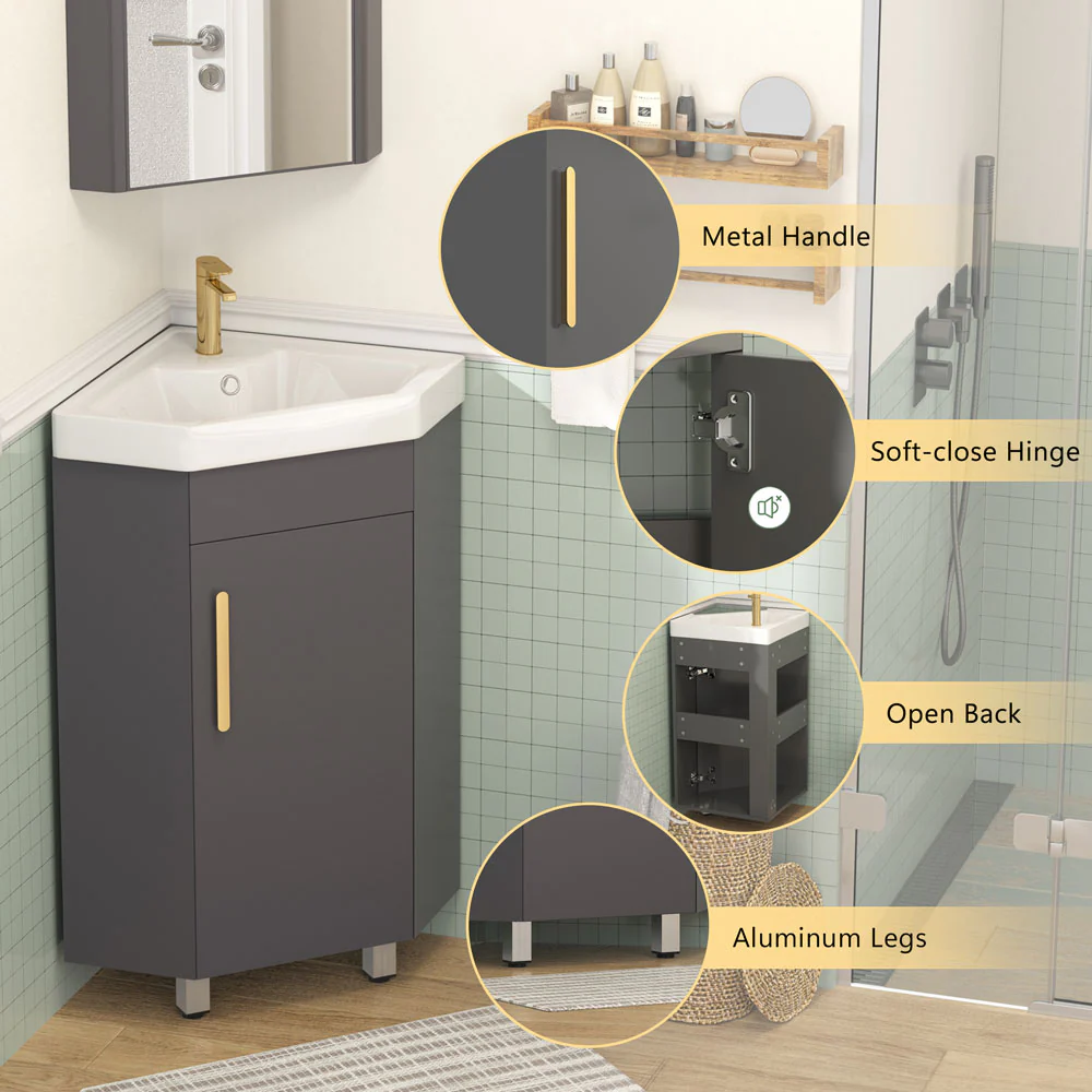Sigsoul 17 Inch Gray Corner Bathroom Vanity with Sink - Image 5