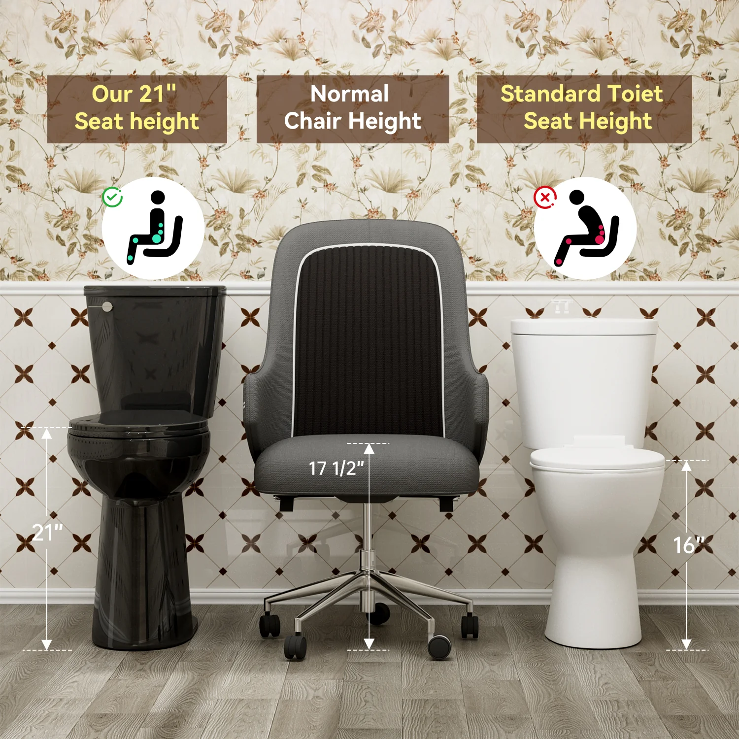 ELEMAZ 21" Extra Tall Toilet | ADA Height Toilet | Elongated Black Toilet - Image 3