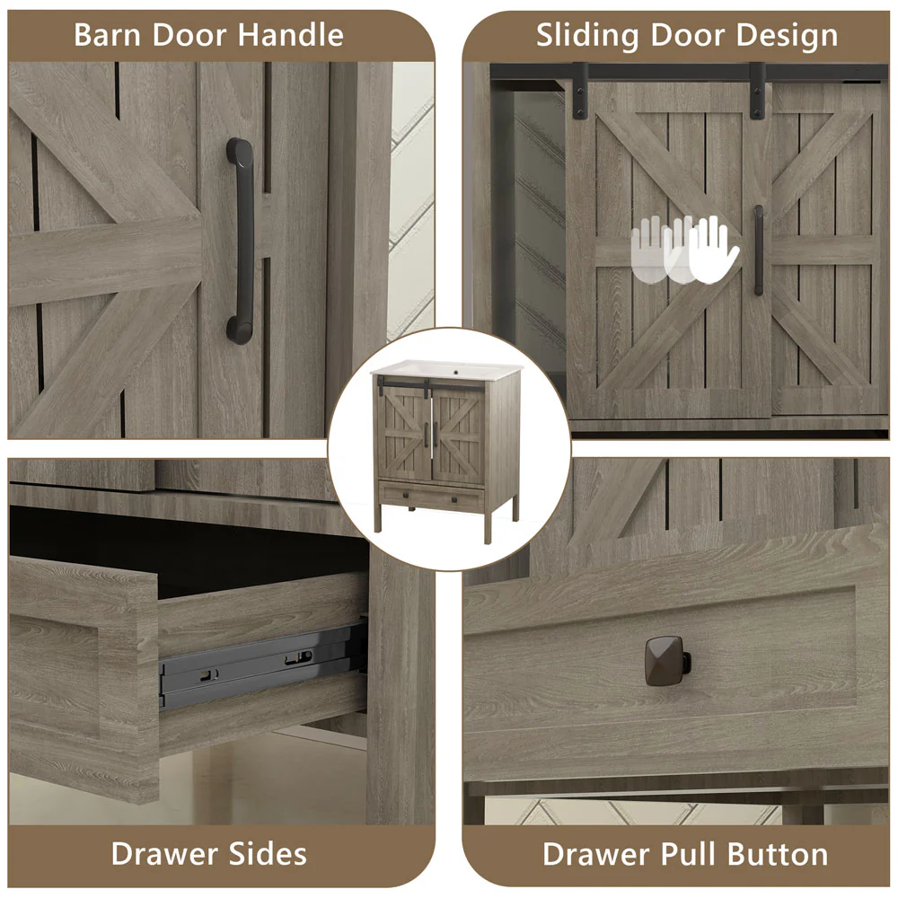 Sigsoul 24 Inch Farmhouse Bathroom Vanity Wood | Barn Door Single Hole Sink - Image 3