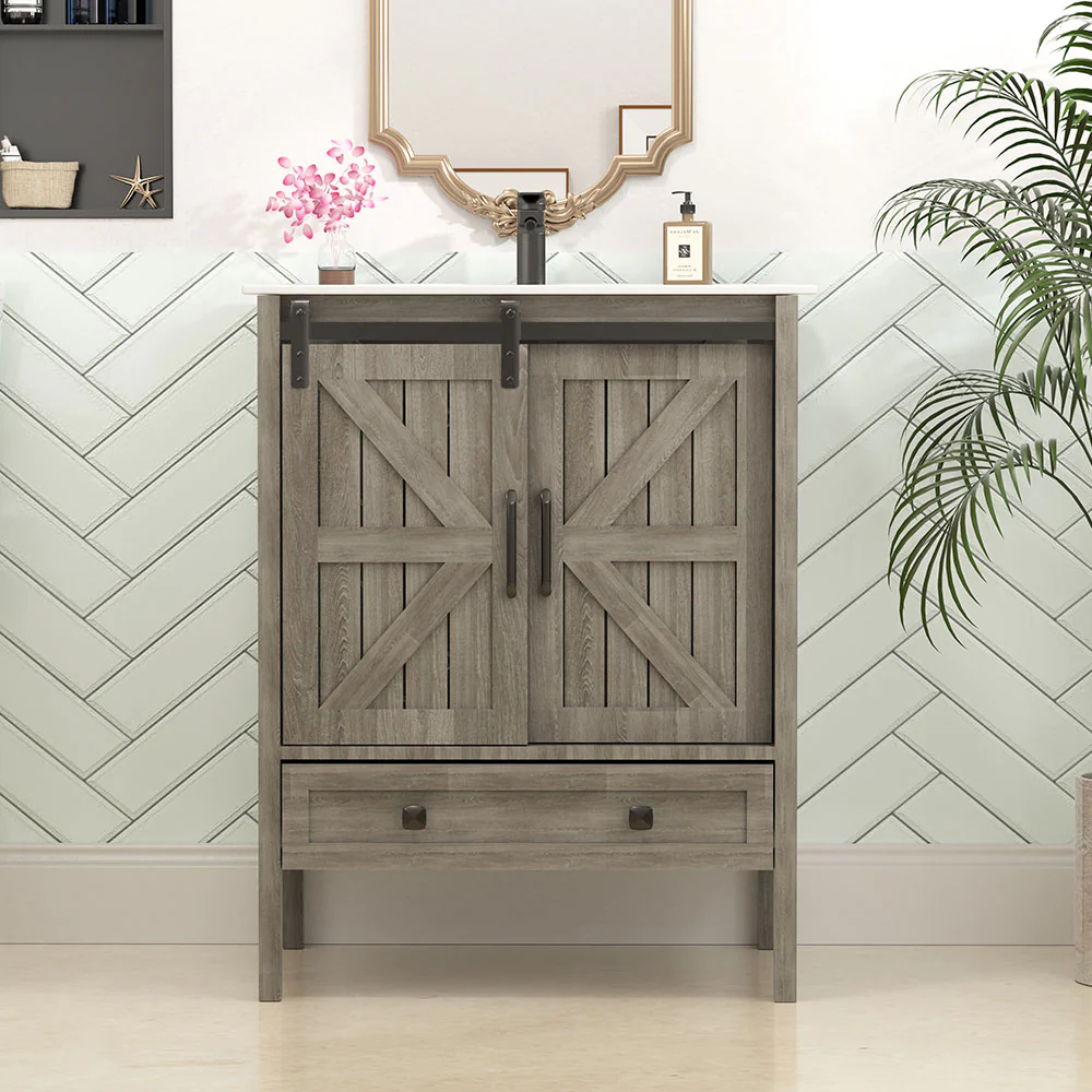 Sigsoul 24 Inch Farmhouse Bathroom Vanity Wood | Barn Door Single Hole Sink - Image 4