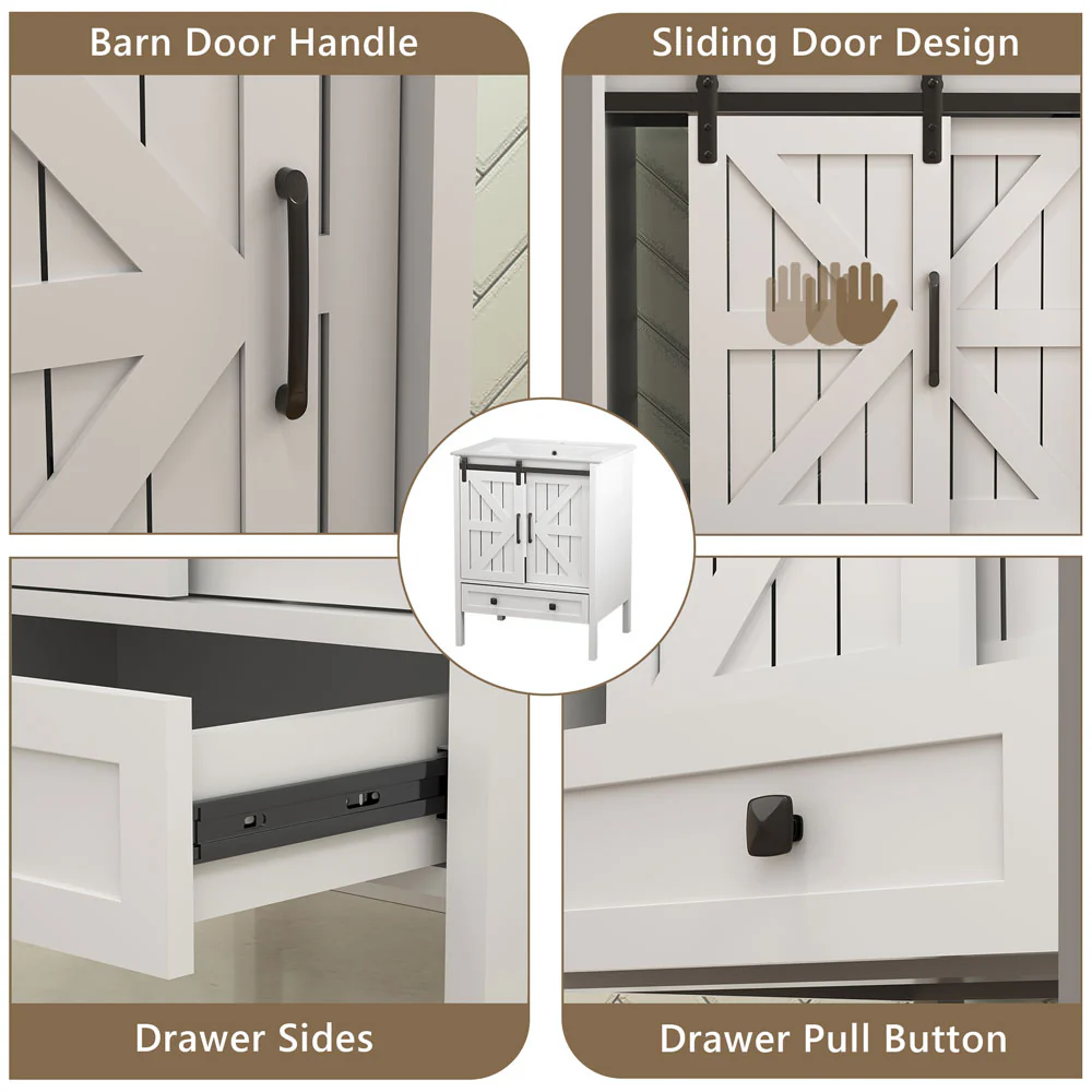 Sigsoul 24 Inch Farmhouse Bathroom Vanity White | Barn Door Single Hole Sink - Image 3
