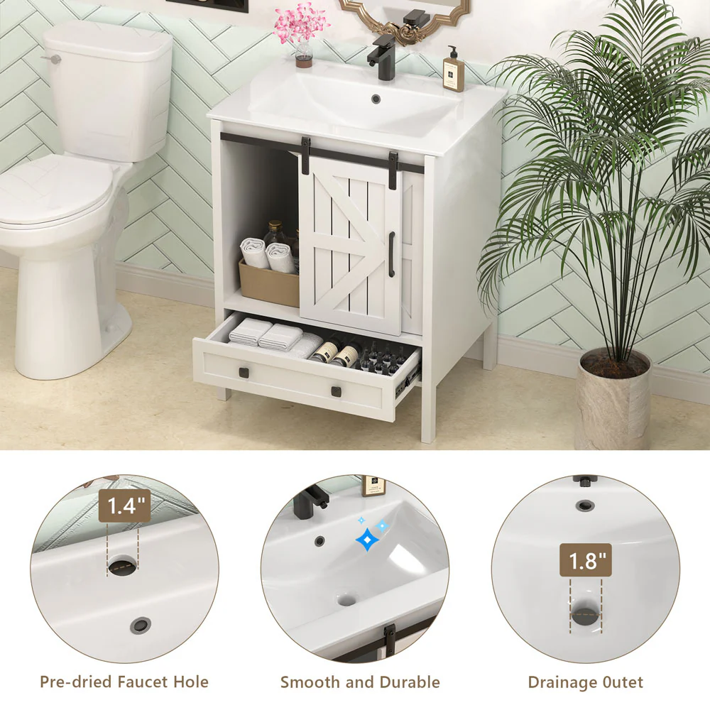Sigsoul 24 Inch Farmhouse Bathroom Vanity White | Barn Door Single Hole Sink - Image 4