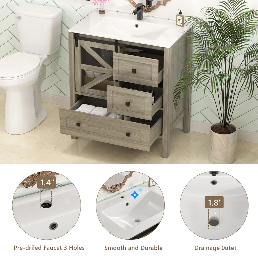 Sigsoul 30 Inch Farmhouse Bath Vanity Wood | Barn Door Single Hole Sink - Image 3