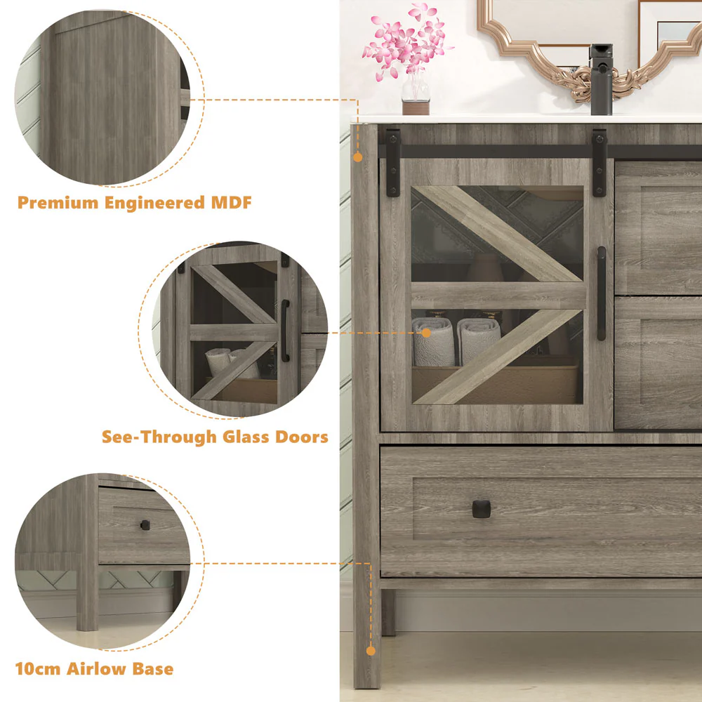 Sigsoul 30 Inch Farmhouse Bath Vanity Wood | Barn Door Single Hole Sink - Image 4