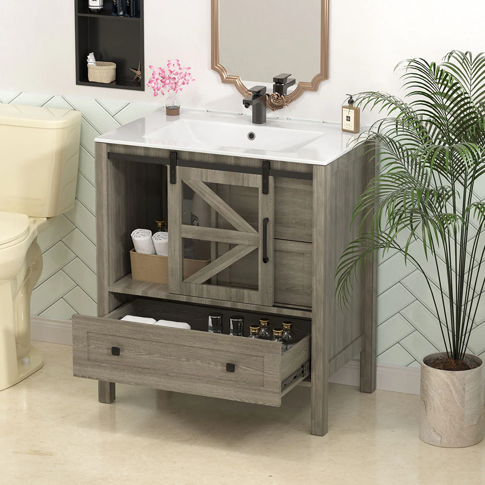 Sigsoul 30 Inch Farmhouse Bath Vanity Wood | Barn Door Single Hole Sink - Image 5