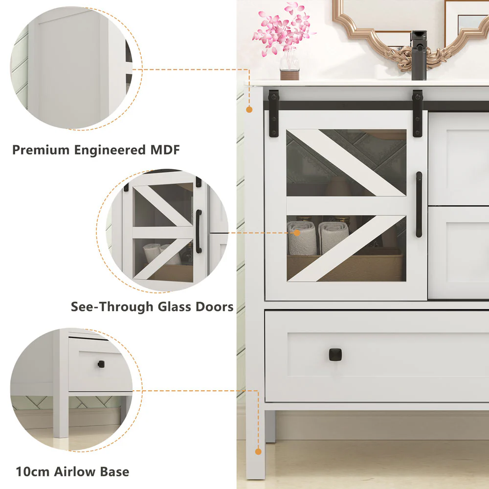 Sigsoul 30 Inch Farmhouse Bath Vanity White | Barn Door Single Hole Sink - Image 3