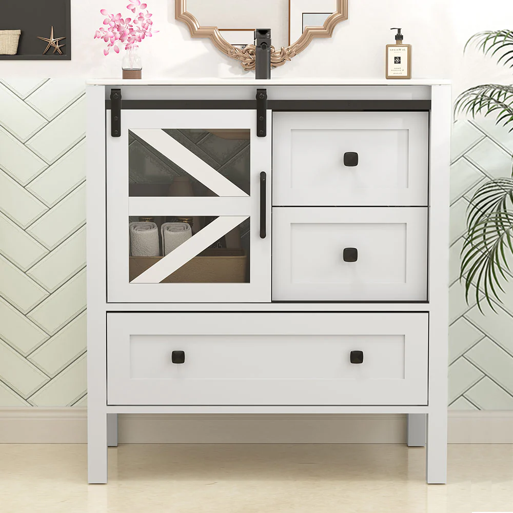 Sigsoul 30 Inch Farmhouse Bath Vanity White | Barn Door Single Hole Sink - Image 4
