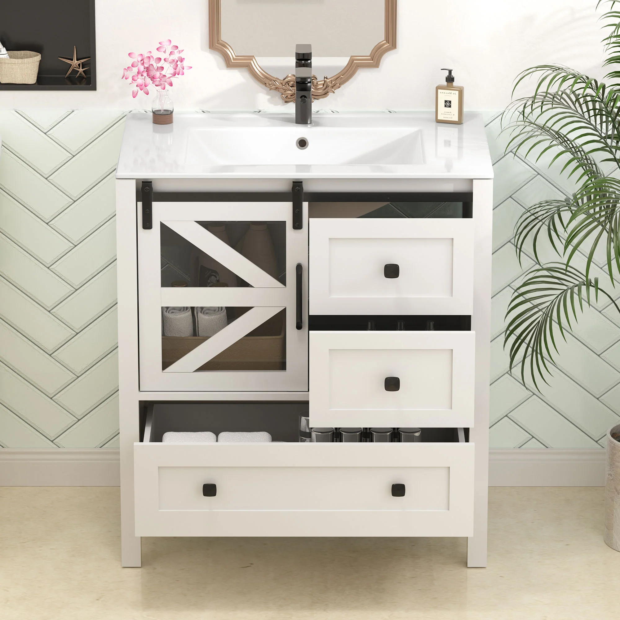 Sigsoul 30 Inch Farmhouse Bath Vanity White | Barn Door Single Hole Sink - Image 5