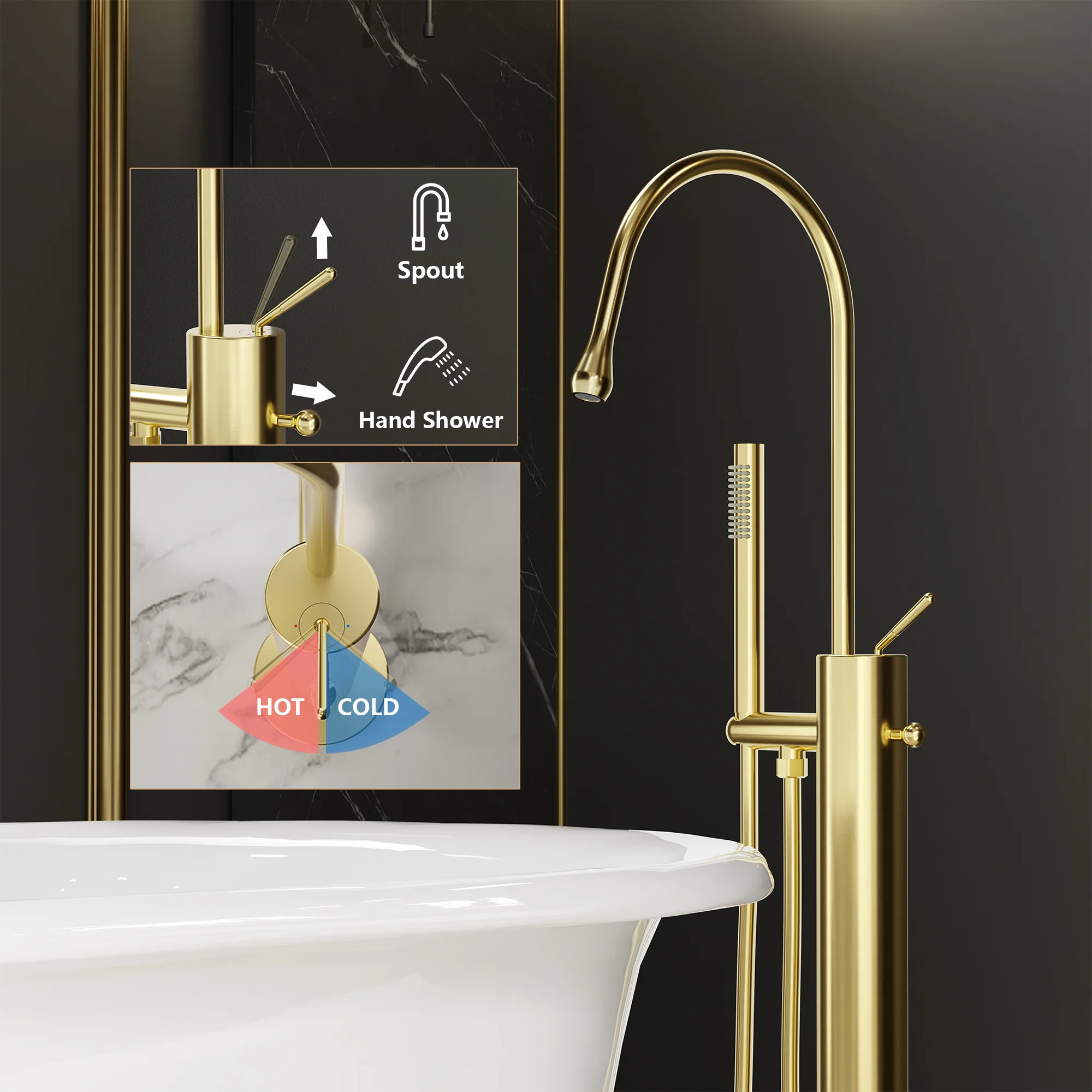 SpaSyra Free Standing Bath Tub Faucet with Hand Shower | Brushed Brass - Image 3
