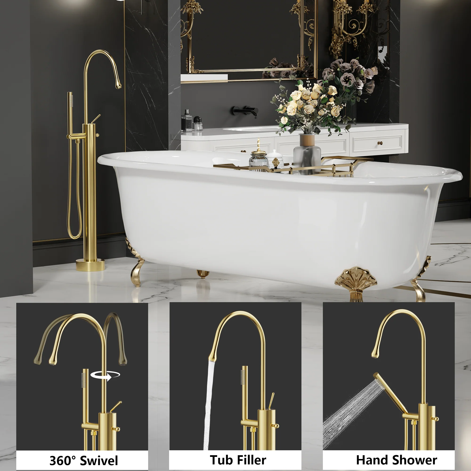 SpaSyra Free Standing Bath Tub Faucet with Hand Shower | Brushed Brass - Image 4
