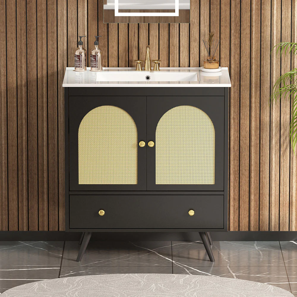 Sigsoul 30 Inch Rattan Bathroom Vanity | Black - Image 3