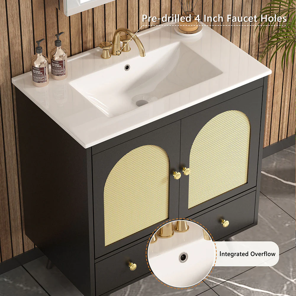 Sigsoul 30 Inch Rattan Bathroom Vanity | Black - Image 5