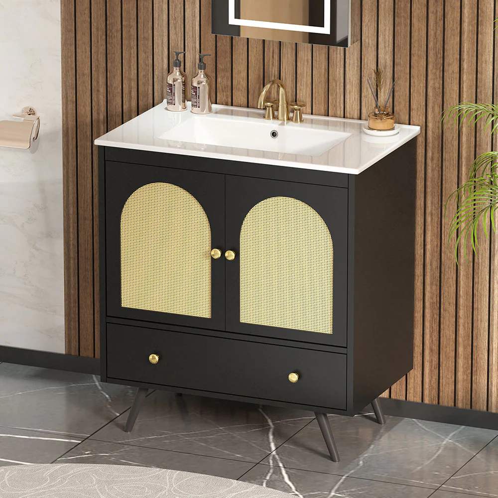 Sigsoul 30 Inch Rattan Bathroom Vanity | Black - Image 6