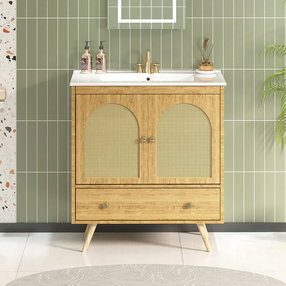 Sigsoul 30 Inch Rattan Bathroom Vanity | Oak - Image 3