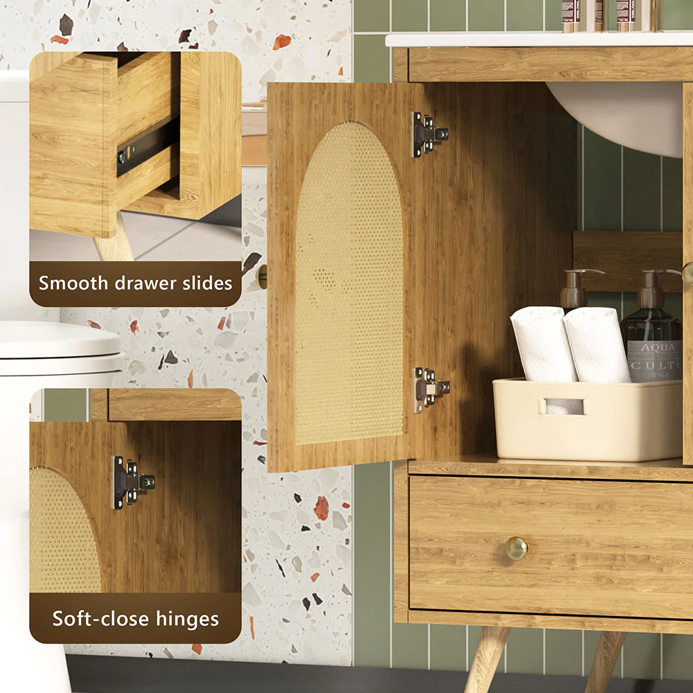 Sigsoul 30 Inch Rattan Bathroom Vanity | Oak - Image 4