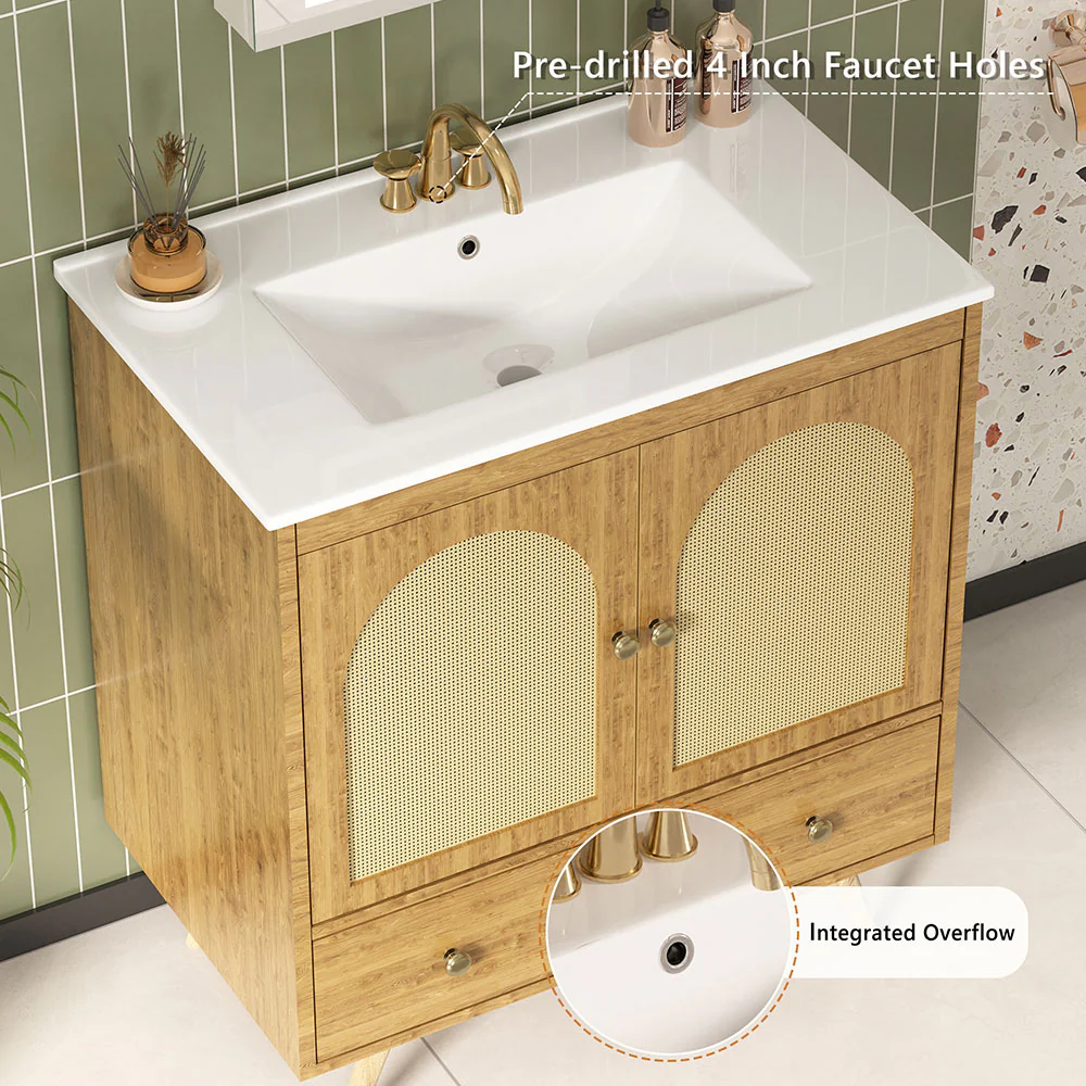 Sigsoul 30 Inch Rattan Bathroom Vanity | Oak - Image 5