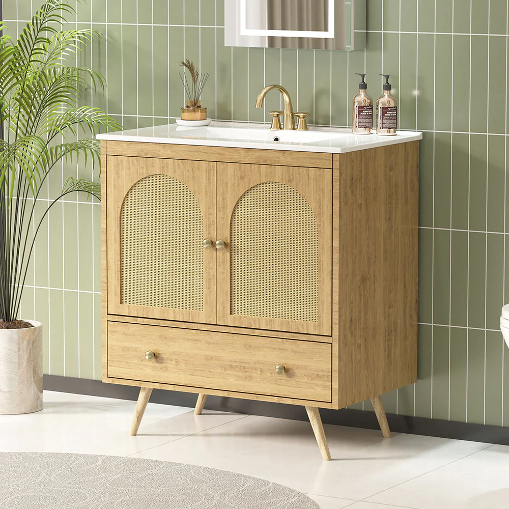 Sigsoul 30 Inch Rattan Bathroom Vanity | Oak - Image 6