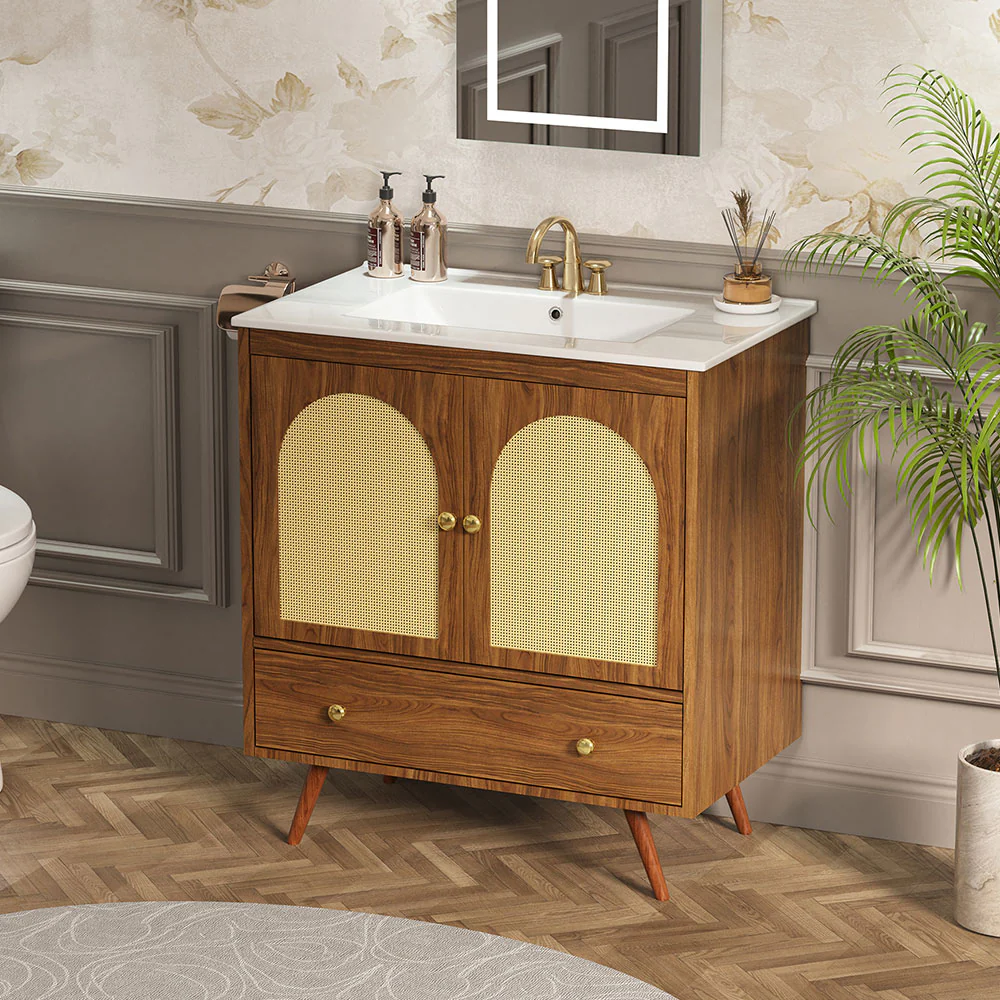 Sigsoul 30 Inch Rattan Bathroom Vanity | Walnut - Image 3