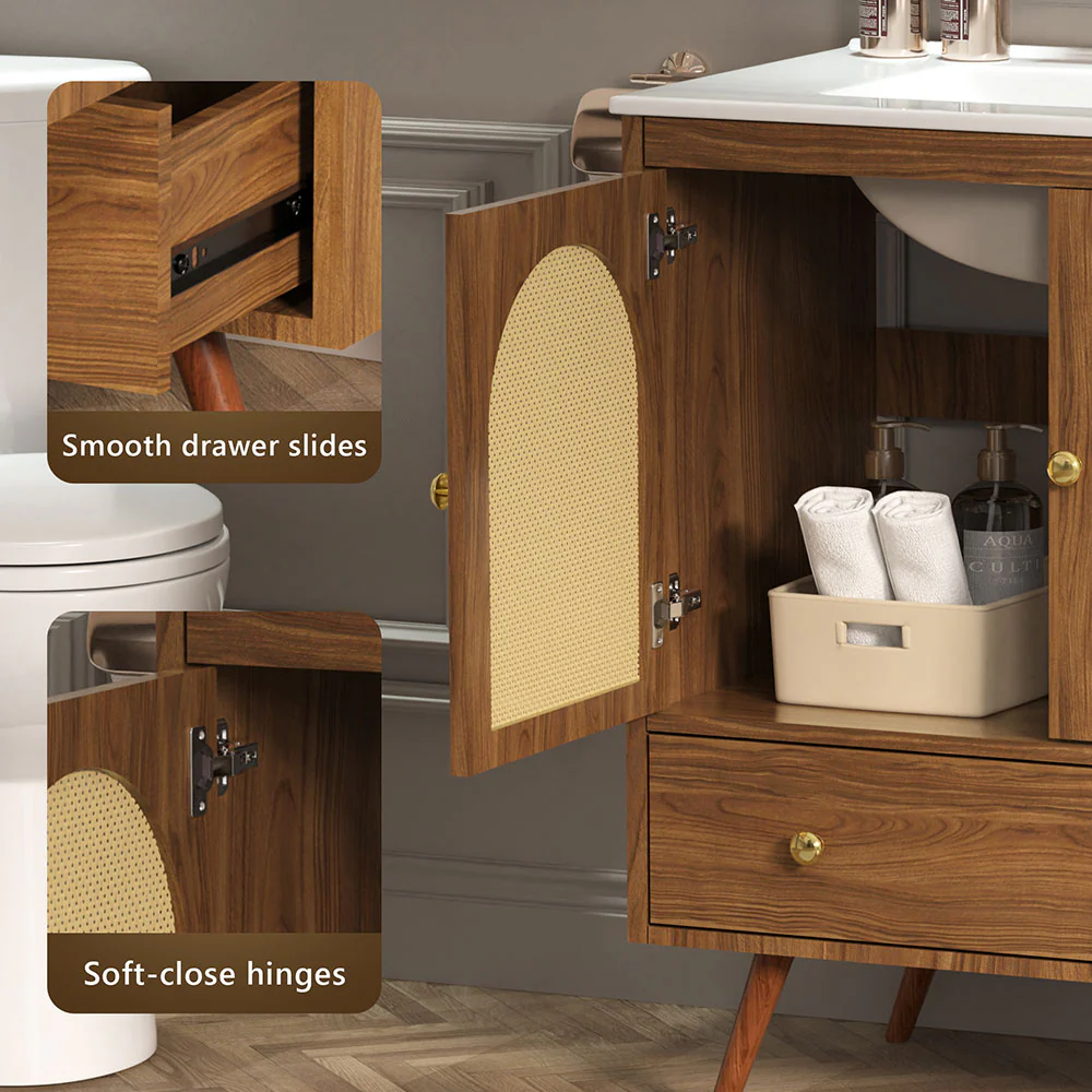 Sigsoul 30 Inch Rattan Bathroom Vanity | Walnut - Image 4