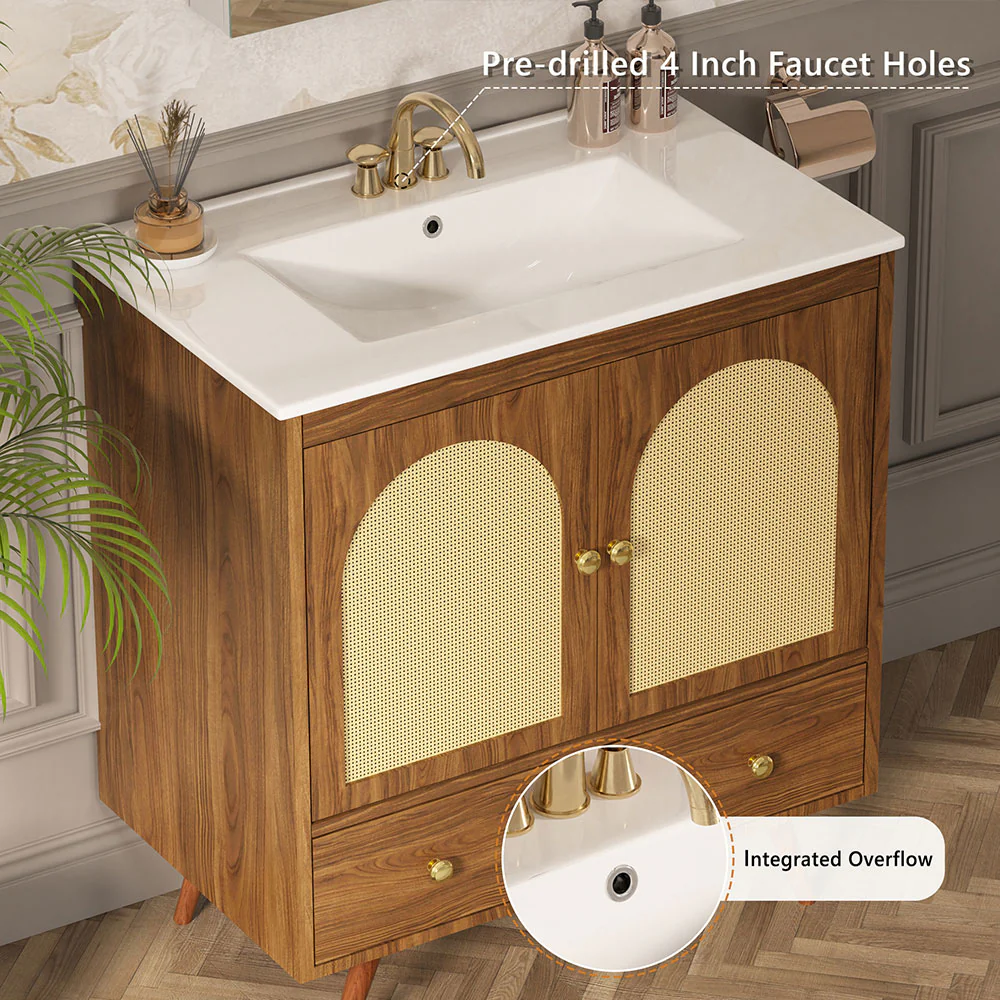 Sigsoul 30 Inch Rattan Bathroom Vanity | Walnut - Image 5
