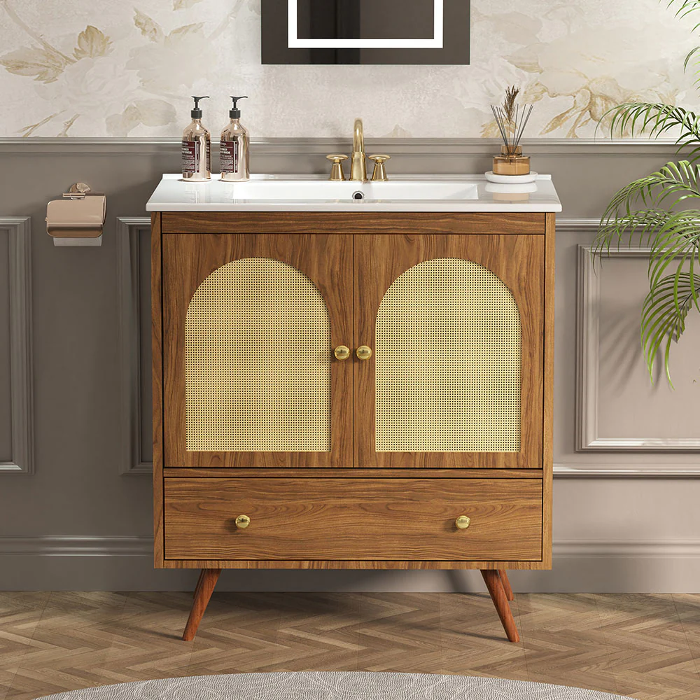 Sigsoul 30 Inch Rattan Bathroom Vanity | Walnut - Image 6