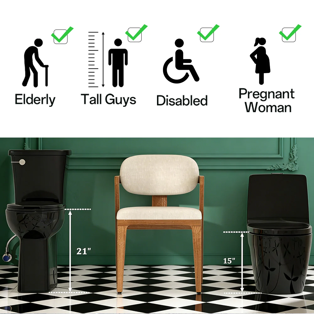 ELEMAZ Skirted 21 Inch Tall Toilet | Elongated High Toilet For Elderly Glossy Black - Image 3