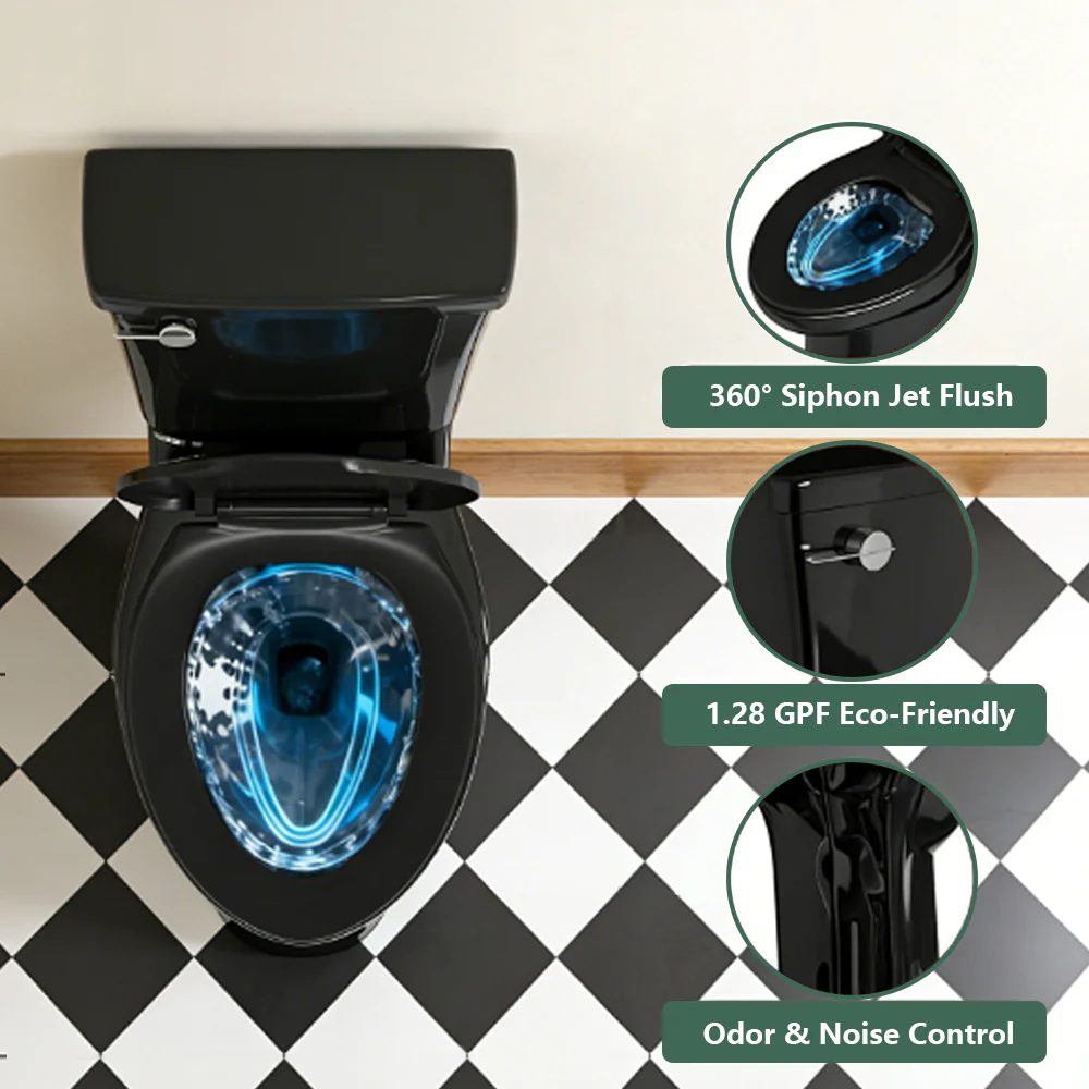 ELEMAZ Skirted 21 Inch Tall Toilet | Elongated High Toilet For Elderly Glossy Black - Image 4